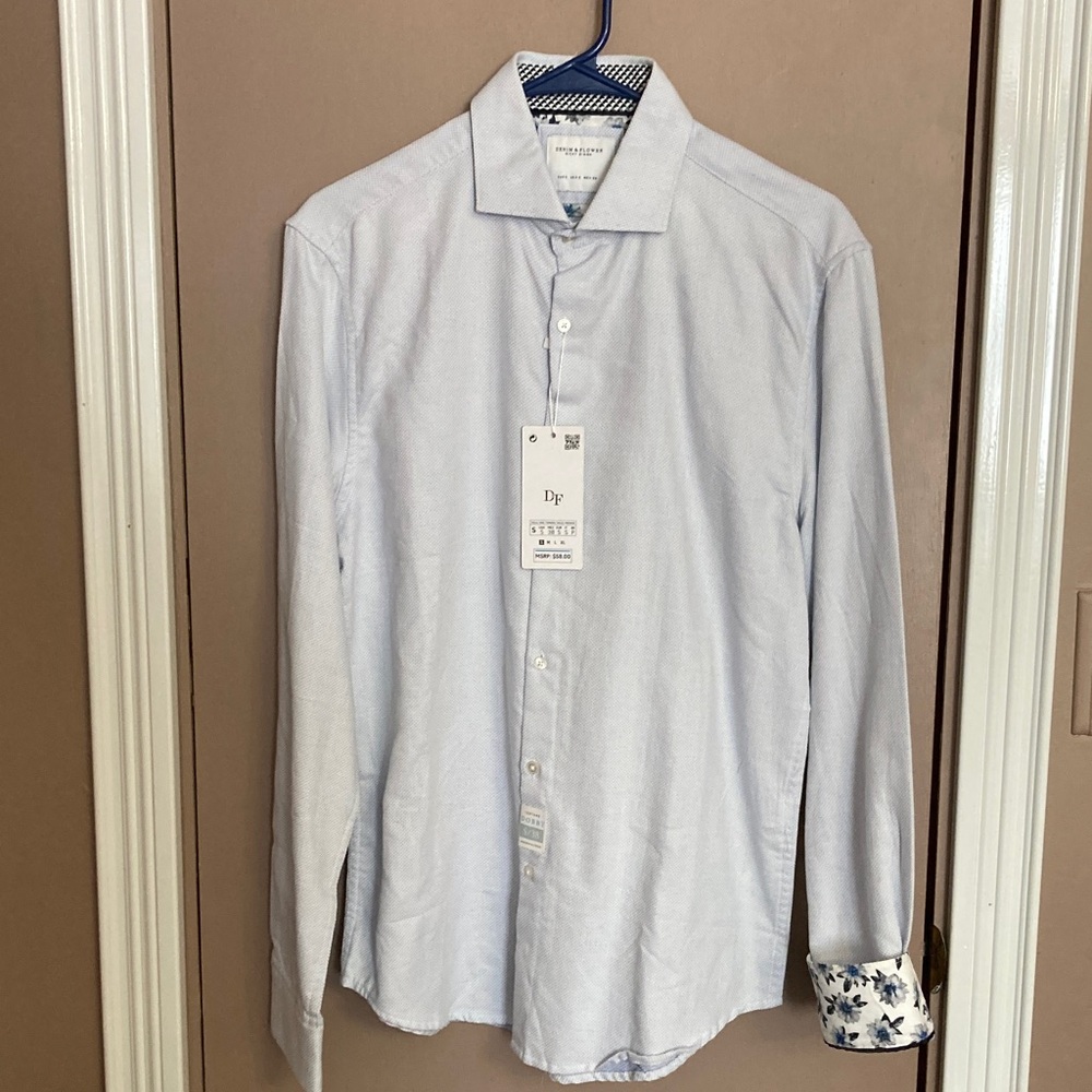 Denim & Flower Sky Blue Dress Shirt with Floral Cuffs NWT